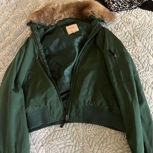 Zara green bomber jacket faux fur lining on hood - L